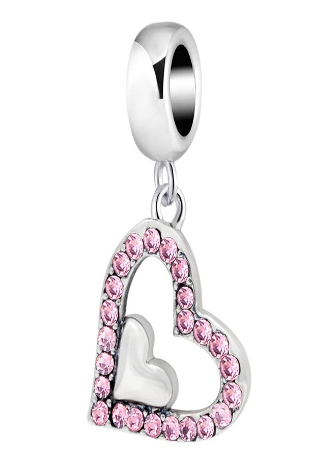 LAMOONY Heart Charm With Crystal - 925 Sterling Silver Dangle Love Charm for Pandora Bracelet (Pink) - Image 1